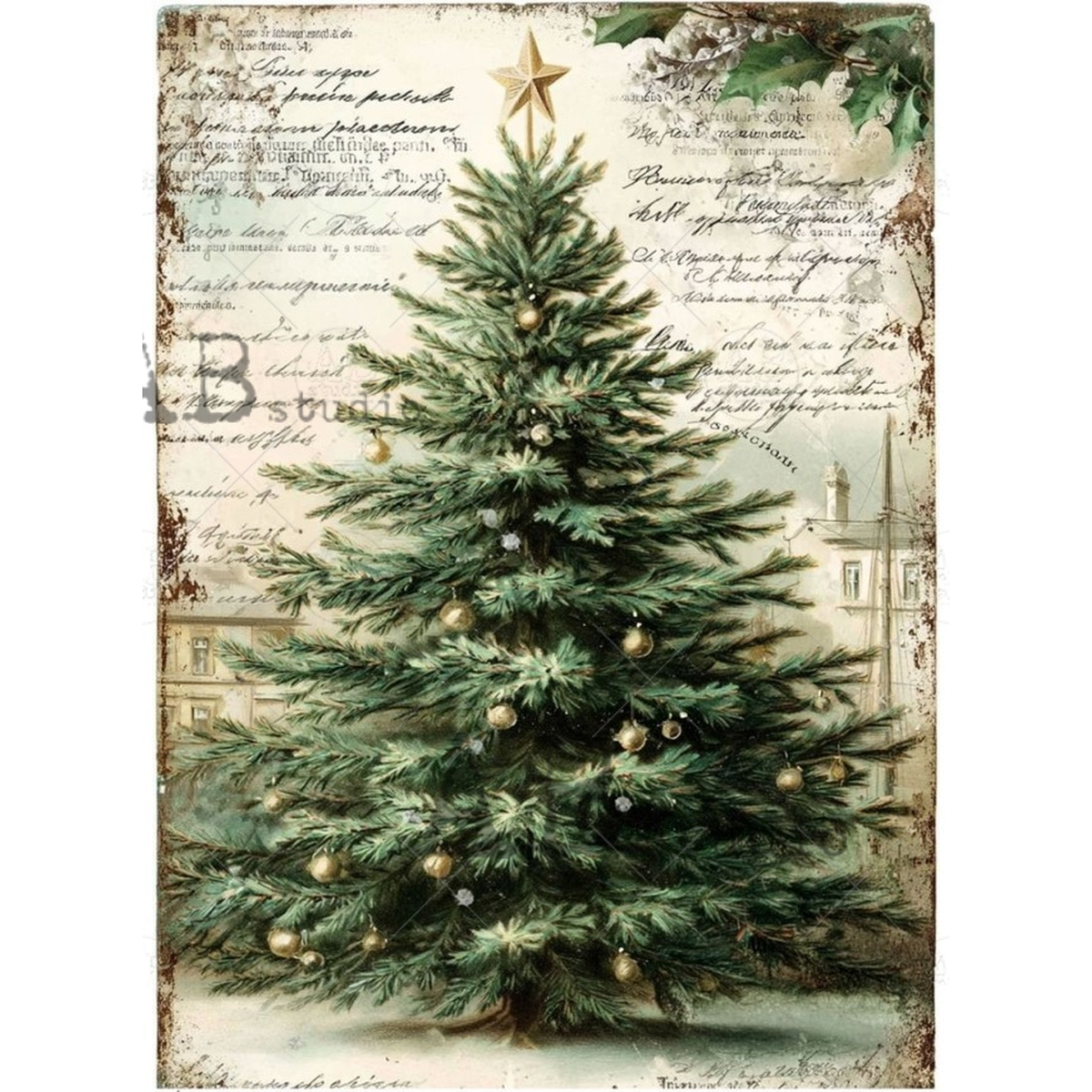 Majestic pine tree decorated with gold ornament balls and star over cursive background.
