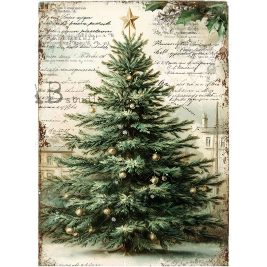 Majestic pine tree decorated with gold ornament balls and star over cursive background.