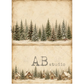 Two vintage-style winter forest images with snow-covered pine trees and small cabins on an aged beige background.