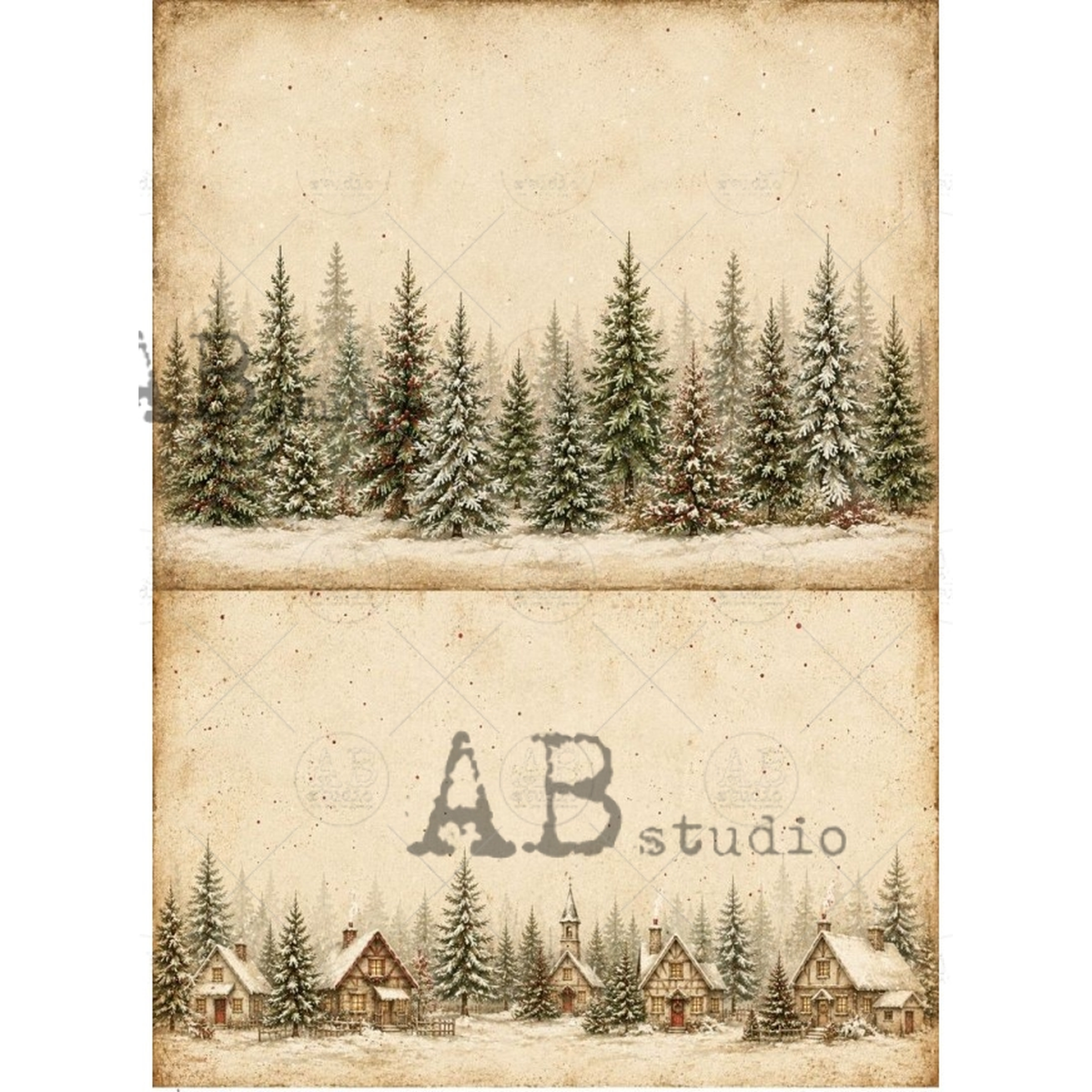 Two vintage-style winter forest images with snow-covered pine trees and small cabins on an aged beige background.