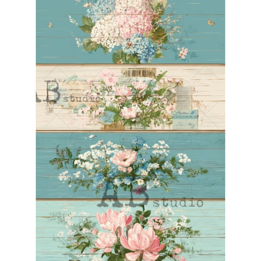 Horizontal pink and white floral panels with blue background.