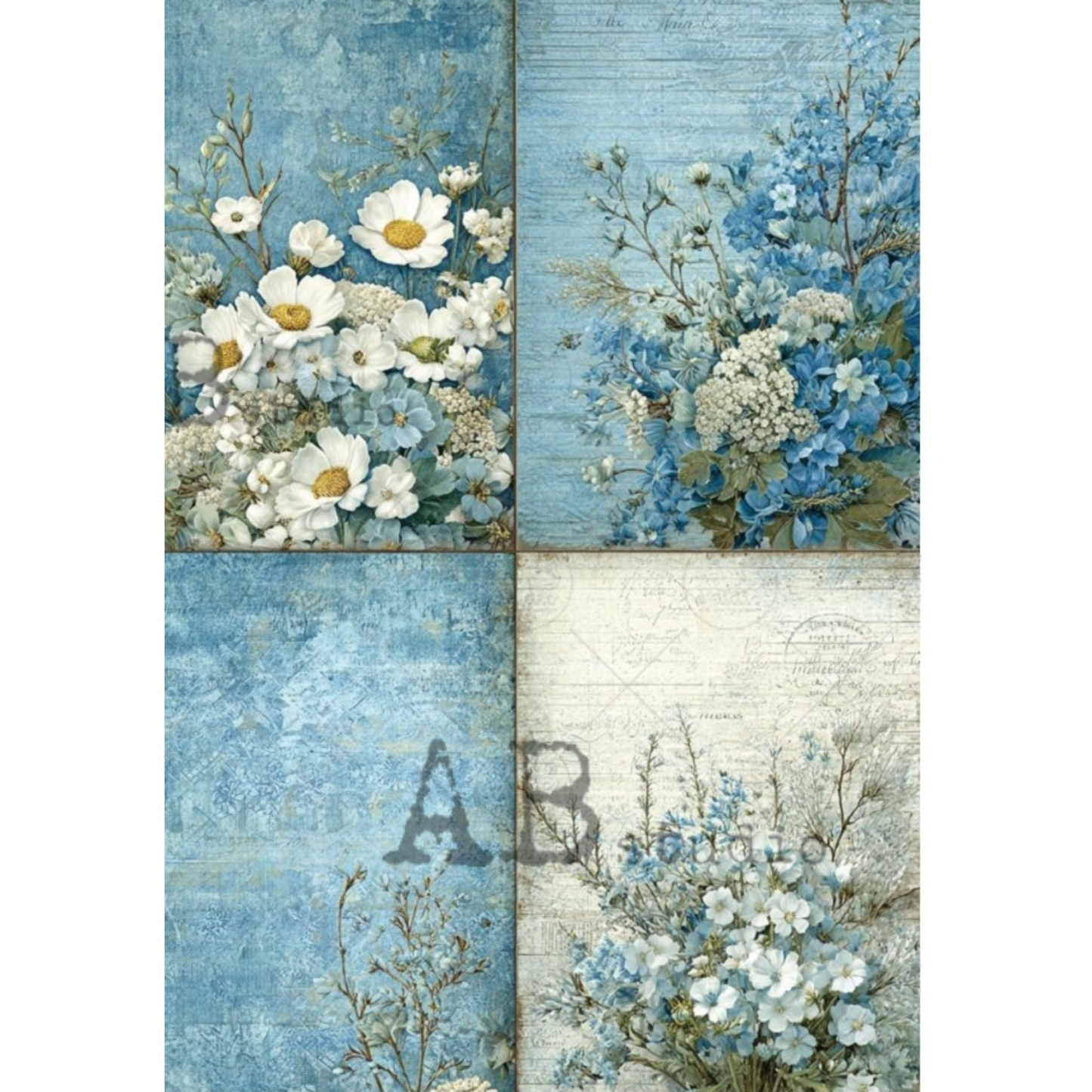 Four floral patterns on a textured blue background.