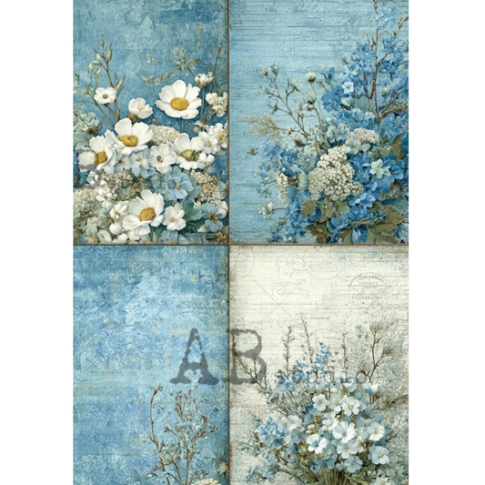 Four floral patterns on a textured blue background.