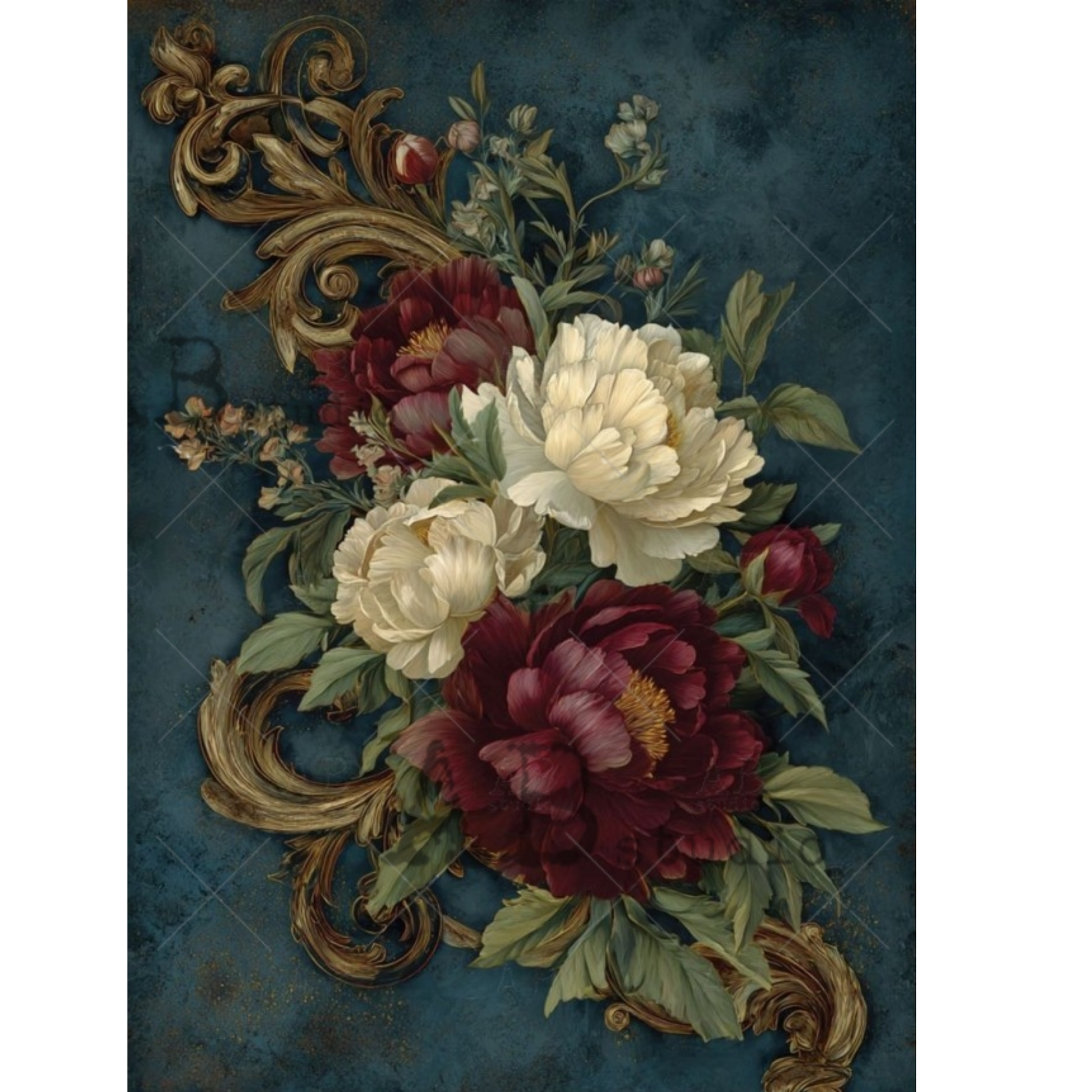 Decorative floral design with gold accents on a dark blue background.