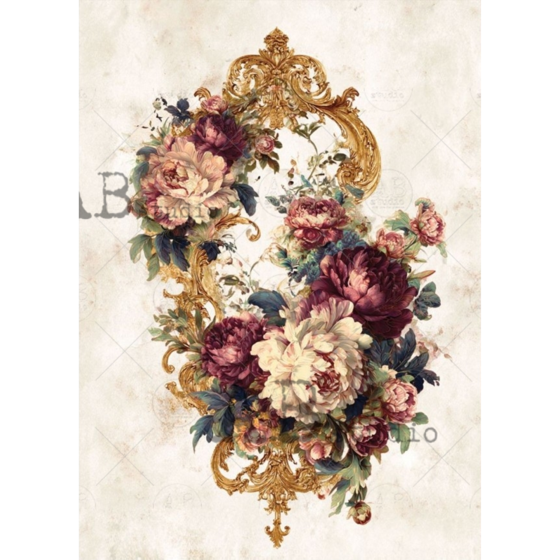 Decorative floral bouquet and gold accents on a textured beige background.