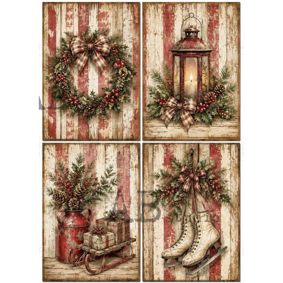 A set of four rustic Christmas-themed images,featuring a wreath with a plaid bow, a lantern with a candle, a red milk can with wrapped gifts on a sled, and a pair of vintage ice skates, all set against a weathered red and beige wood plank background.