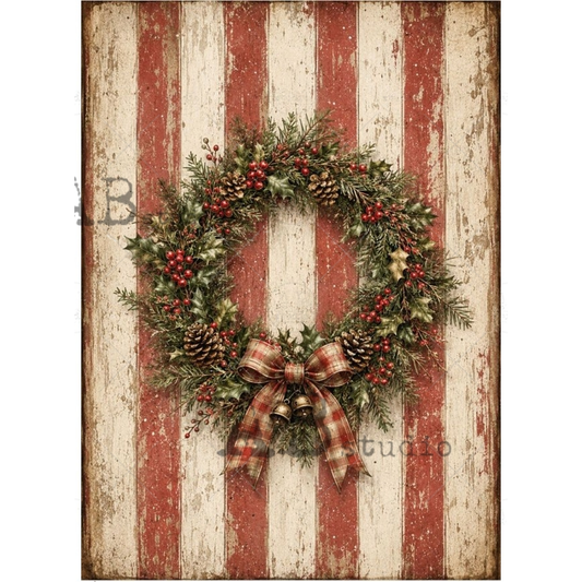 A rustic Christmas wreath with green pine branches, red berries, pinecones, and a red plaid bow, centered on a distressed red and cream vertical wood plank background.