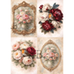 Decorative paper with floral arrangements and gold frames on a textured beige background.