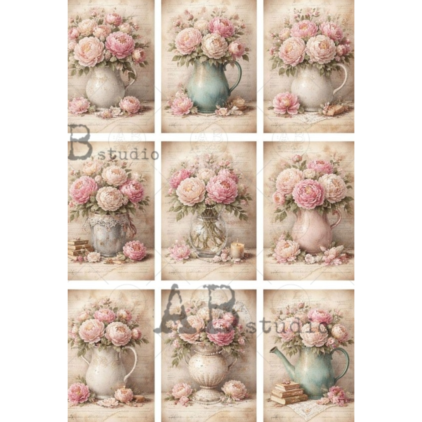 Multiple images of pink peony floral arrangements in various vases and pitchers.