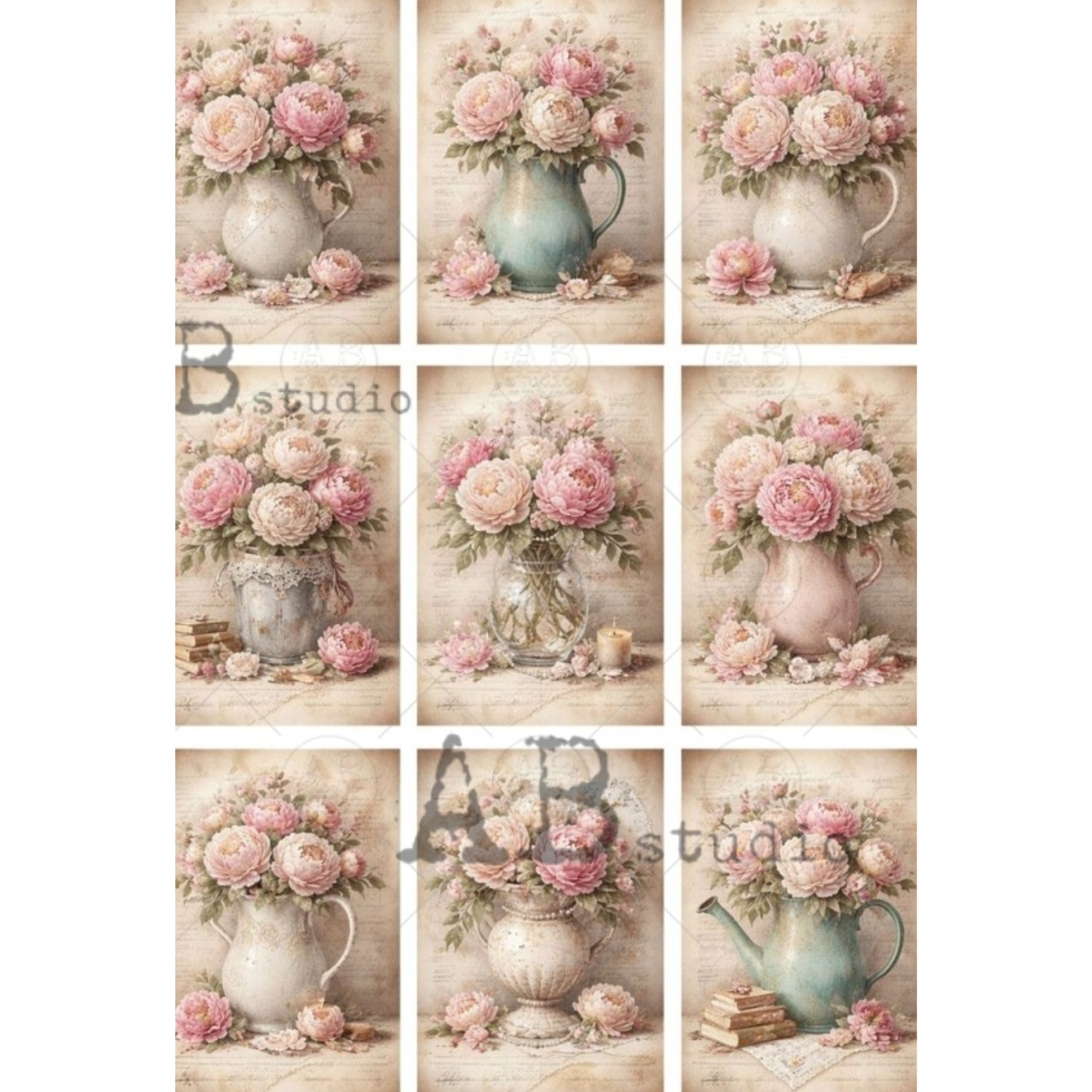 Multiple images of pink peony floral arrangements in various vases and pitchers.