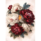 Floral arrangement with red and white flowers and a bird on a light background.