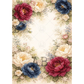 Floral frame design with red, blue, and white flowers on a beige background.