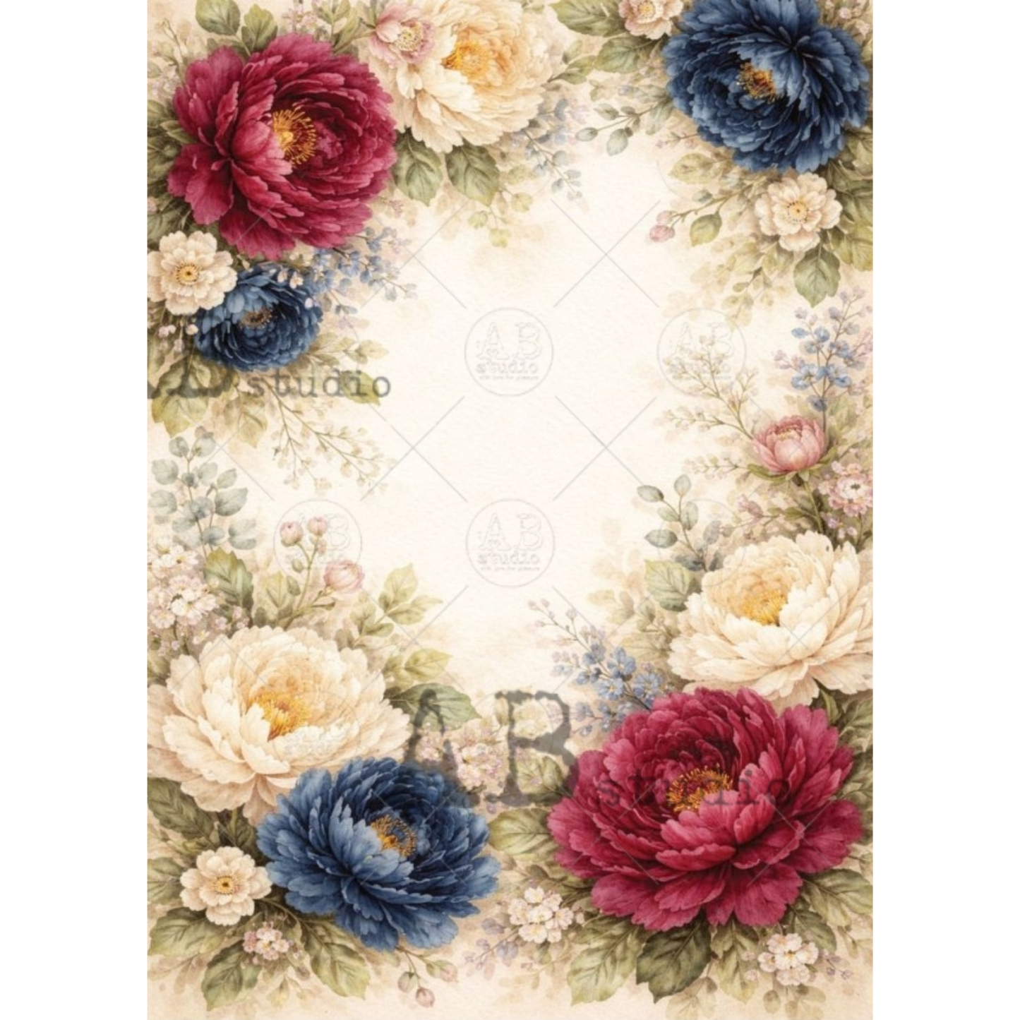 Floral frame design with red, blue, and white flowers on a beige background.