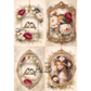Decorative paper with vintage-style illustrations of birds, flowers, and a girl in a hat on a beige background.