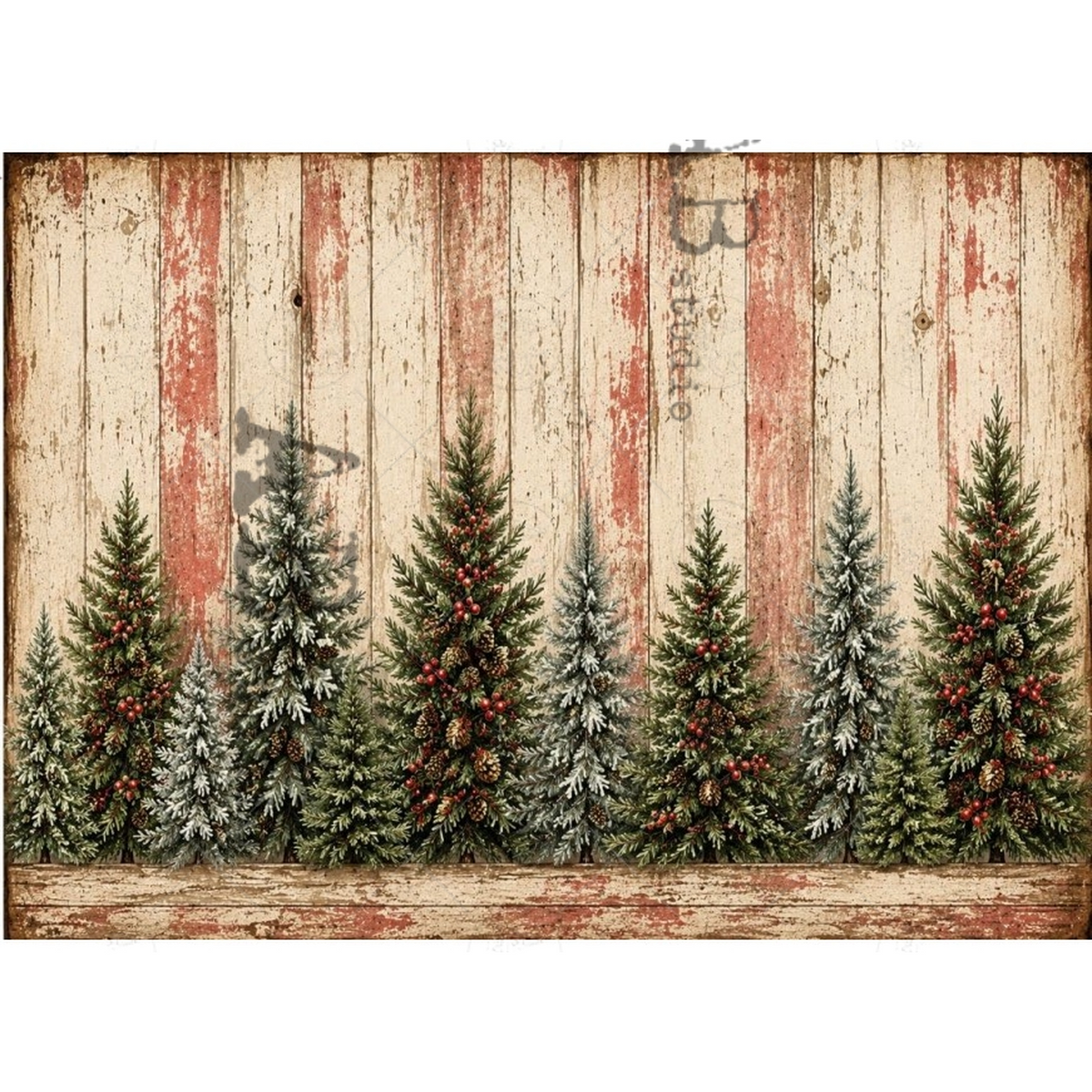 A rustic Christmas-themed rice paper featuring a weathered red and beige wooden plank background with a row of green pine trees decorated with white snow, red berries, and pinecones along the bottom.