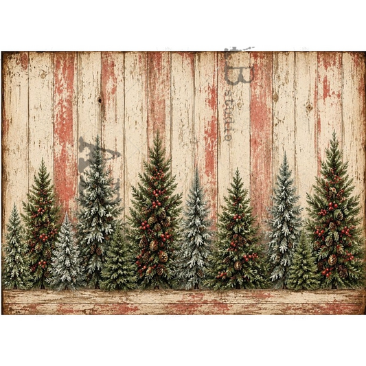 A rustic Christmas-themed rice paper featuring a weathered red and beige wooden plank background with a row of green pine trees decorated with white snow, red berries, and pinecones along the bottom.