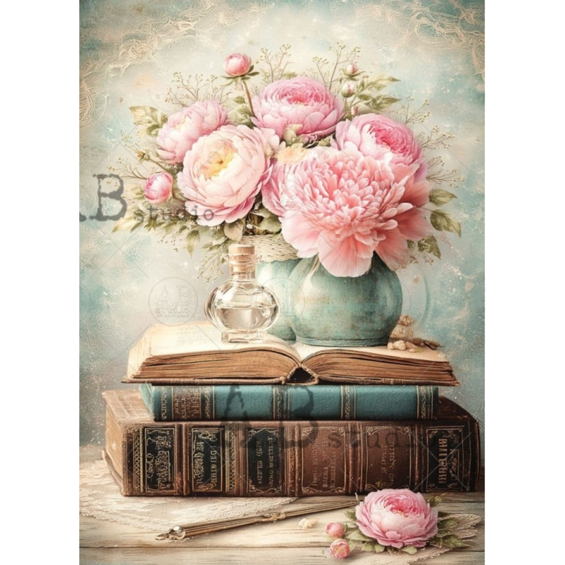 Pink flower arrangement on top of vintage books on a textured background.