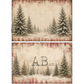 Two images of a snowy forest with snow capped evergreen trees and distressed red striped frame background.