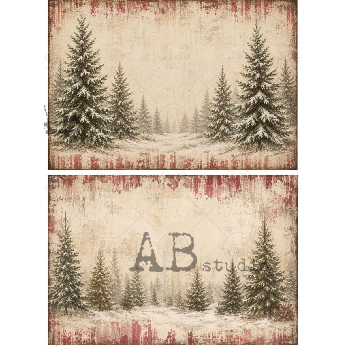 Two images of a snowy forest with snow capped evergreen trees and distressed red striped frame background.