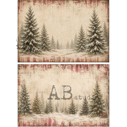 Two images of a snowy forest with snow capped evergreen trees and distressed red striped frame background.