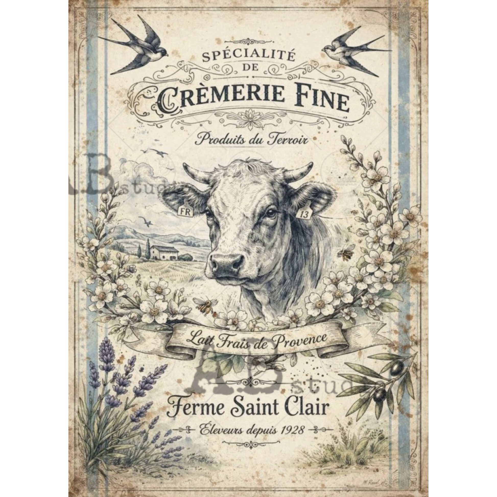 Vintage-style poster with a cow illustration and French text, featuring elements like flowers and grain sack stripes.