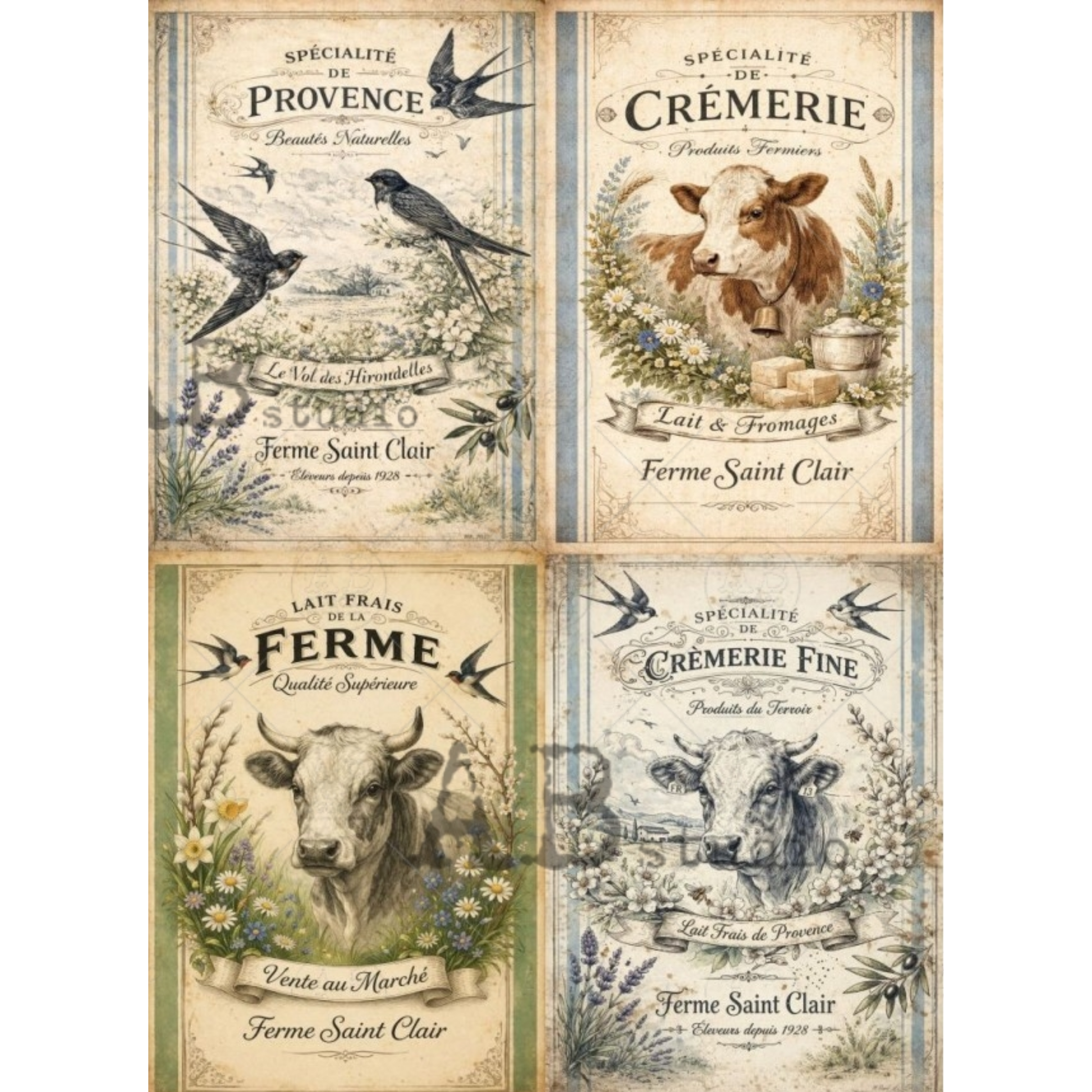 Set of four vintage-style farm product labels featuring cows and nature elements.