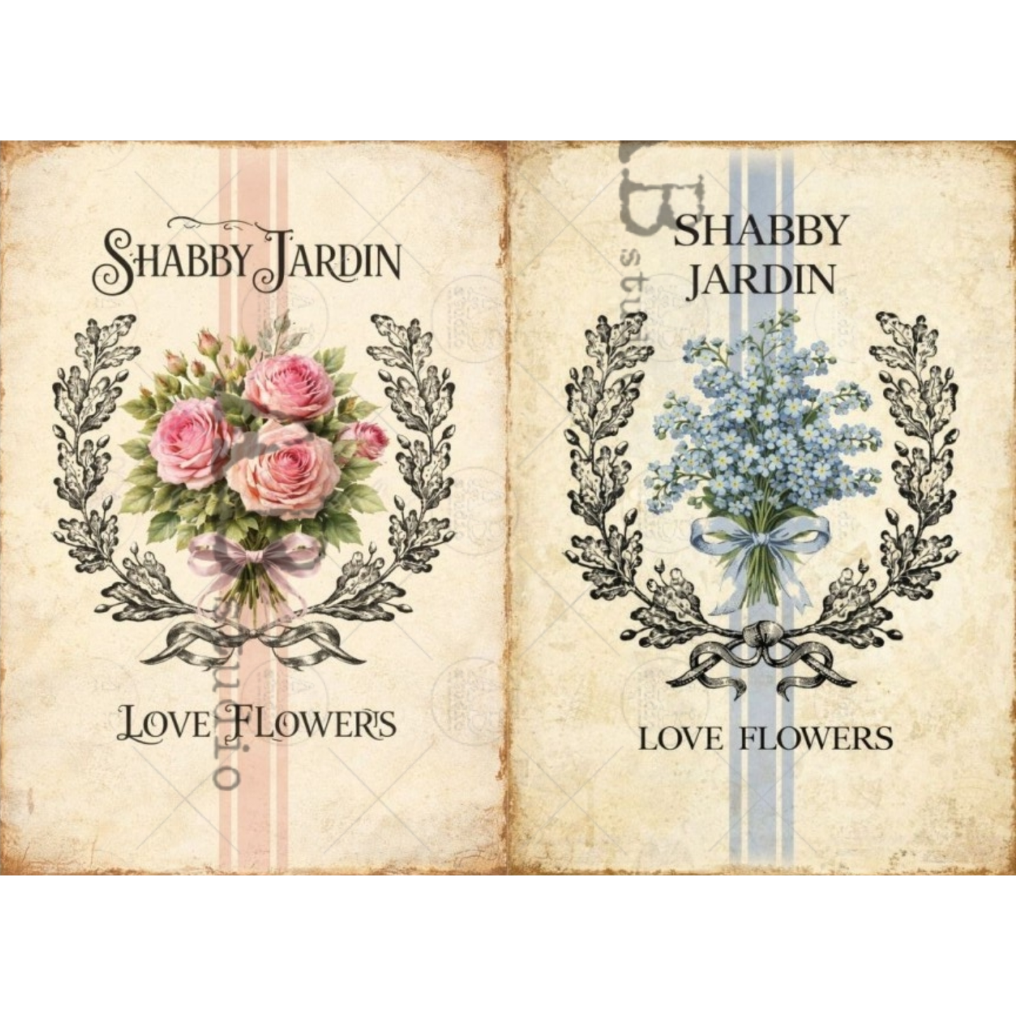 2 page design featuring floral illustrations and grain sack stripes with 'Shabby Jardin' text on a textured background.