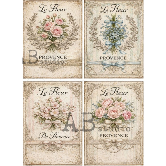 Four page design featuring florals and grain sack stripes with "Le Fleur Provence" text on a beige background.
