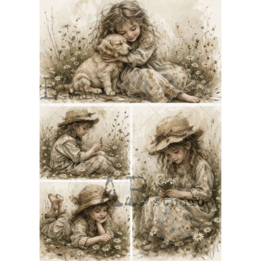 Collage of a young girl with a dog in a flower bed of daisies.
