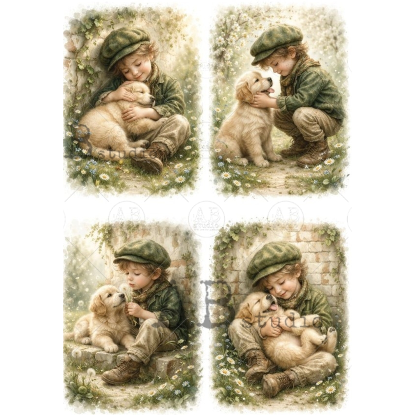 Four panel illustration of a young boy with a puppy in a vintage style.