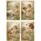 Four vintage-style illustrations of small girl interacting with animals in a garden setting.