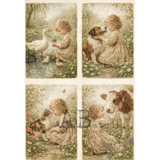 Four vintage-style illustrations of small girl interacting with animals in a garden setting.