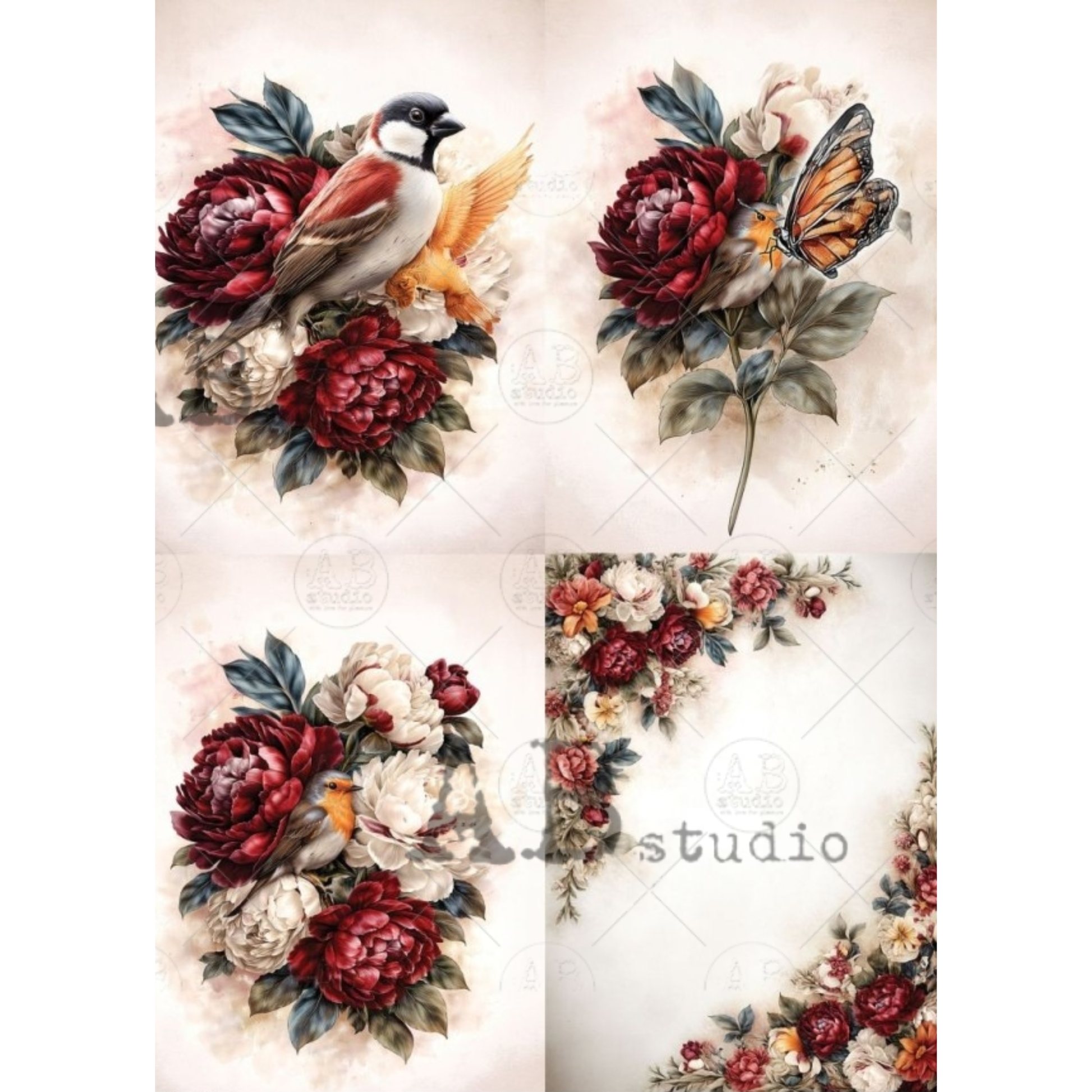 4 images with flowers, birds, and butterflies on a textured background.