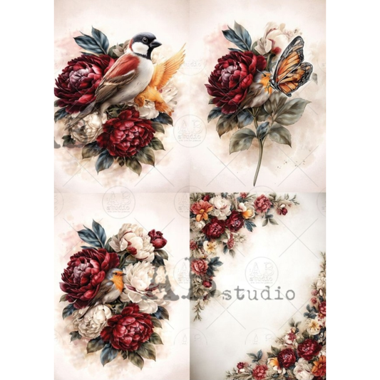 4 images with flowers, birds, and butterflies on a textured background.