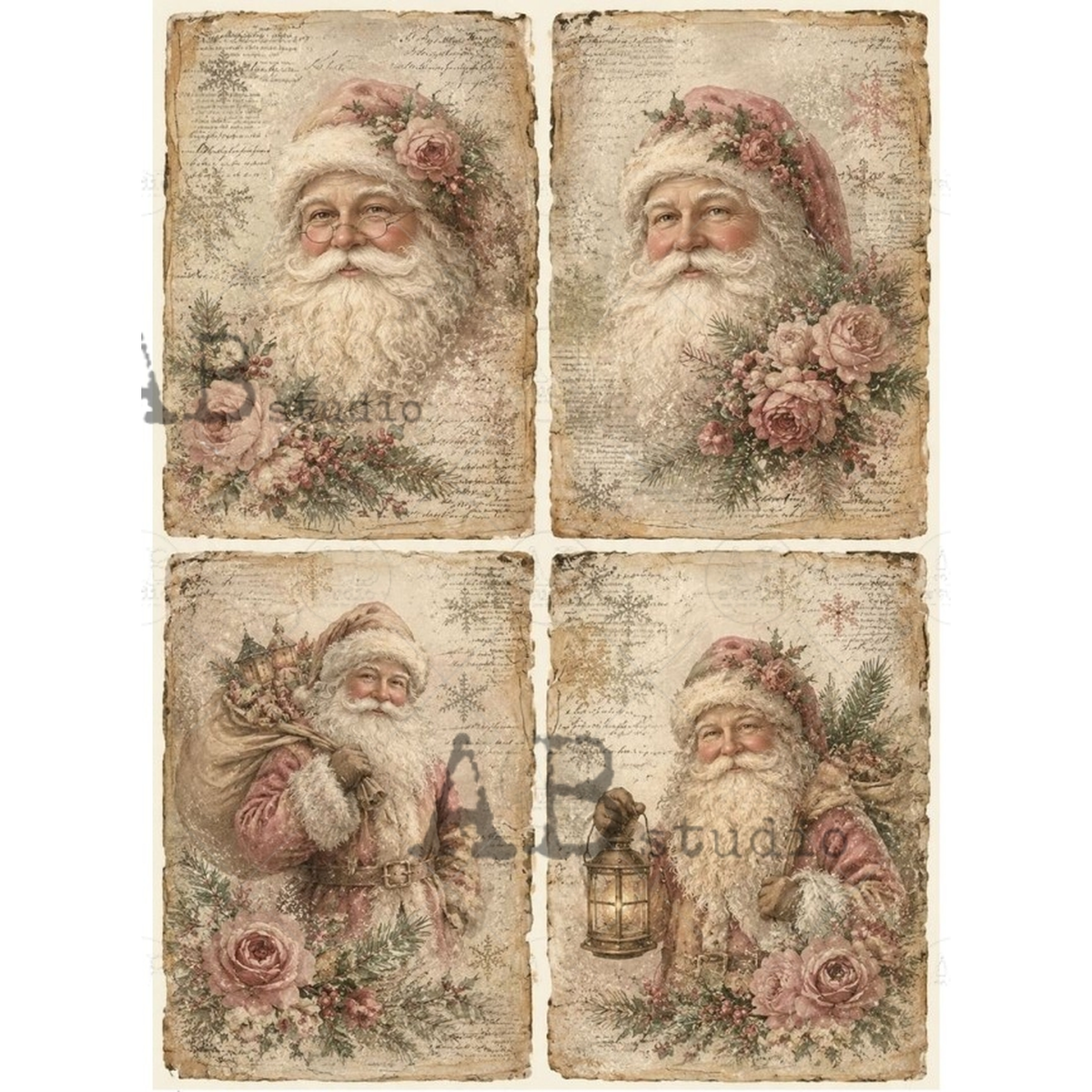 4 vintage style Santa portraits in different poses with pink roses on aged background with cursive.