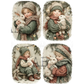 Four vintage-style illustrated panels showing a small girl in winter clothing hugging white rabbit in different poses.