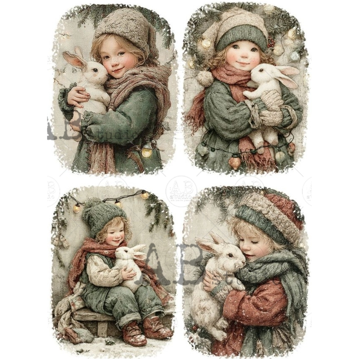 Four vintage-style illustrated panels showing a small girl in winter clothing hugging white rabbit in different poses.