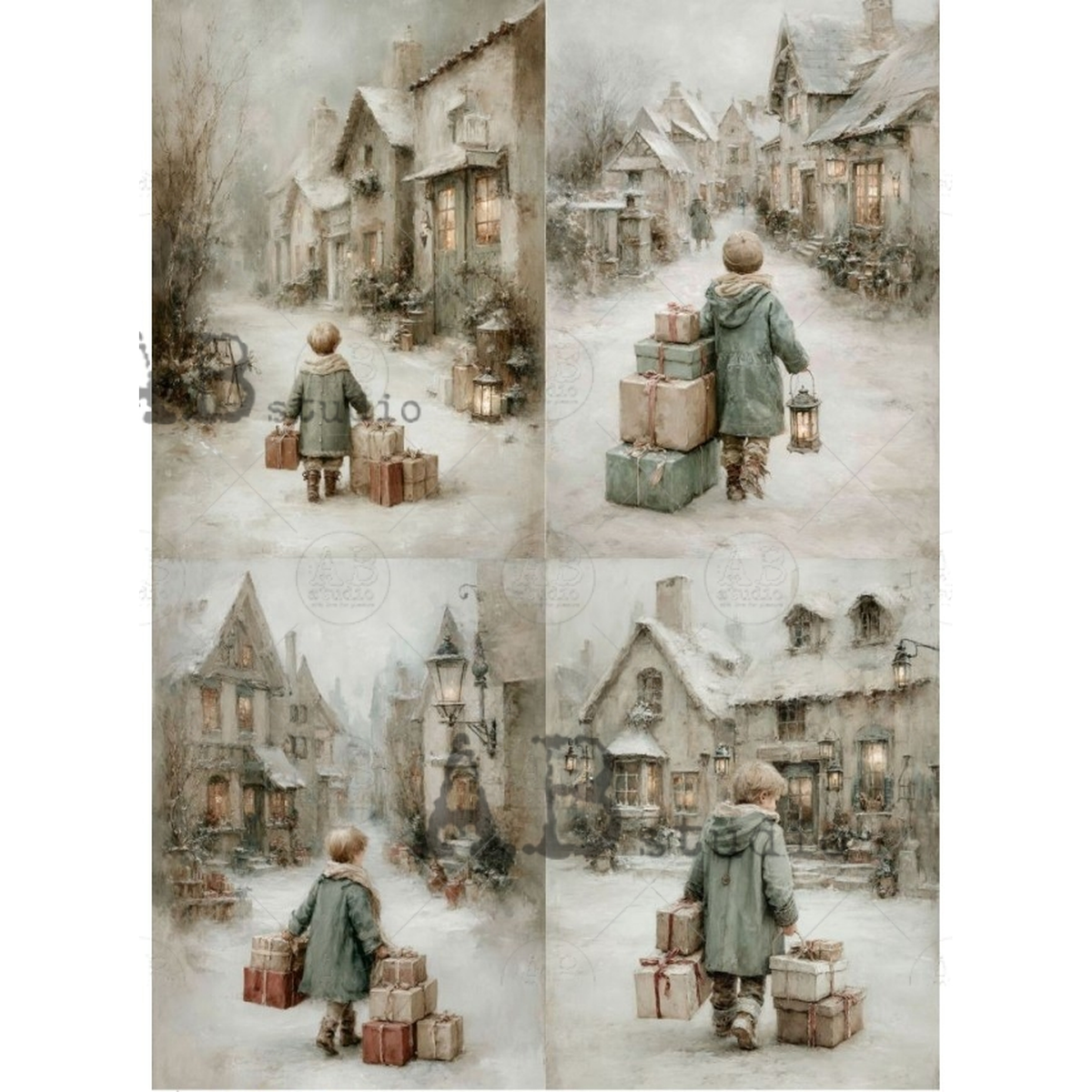 A four-panel collage of a snowy village street scene with a child seen from behind carrying lanterns and wrapped gifts. The artwork has a soft, painterly, muted winter palette with gray, beige, brown, and muted green tones.