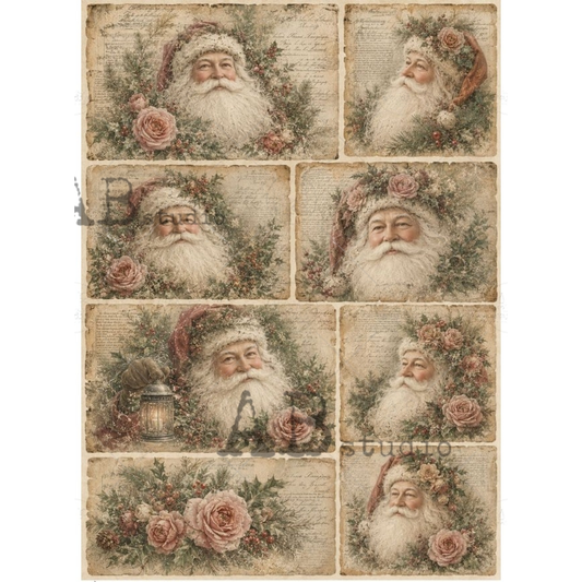 A vintage-style collage sheet featuring multiple rectangular panels with Santa Claus portraits surrounded by roses, wreaths, script text, and small decorative elements like a lantern. The overall design has an aged, sepia-toned paper look.