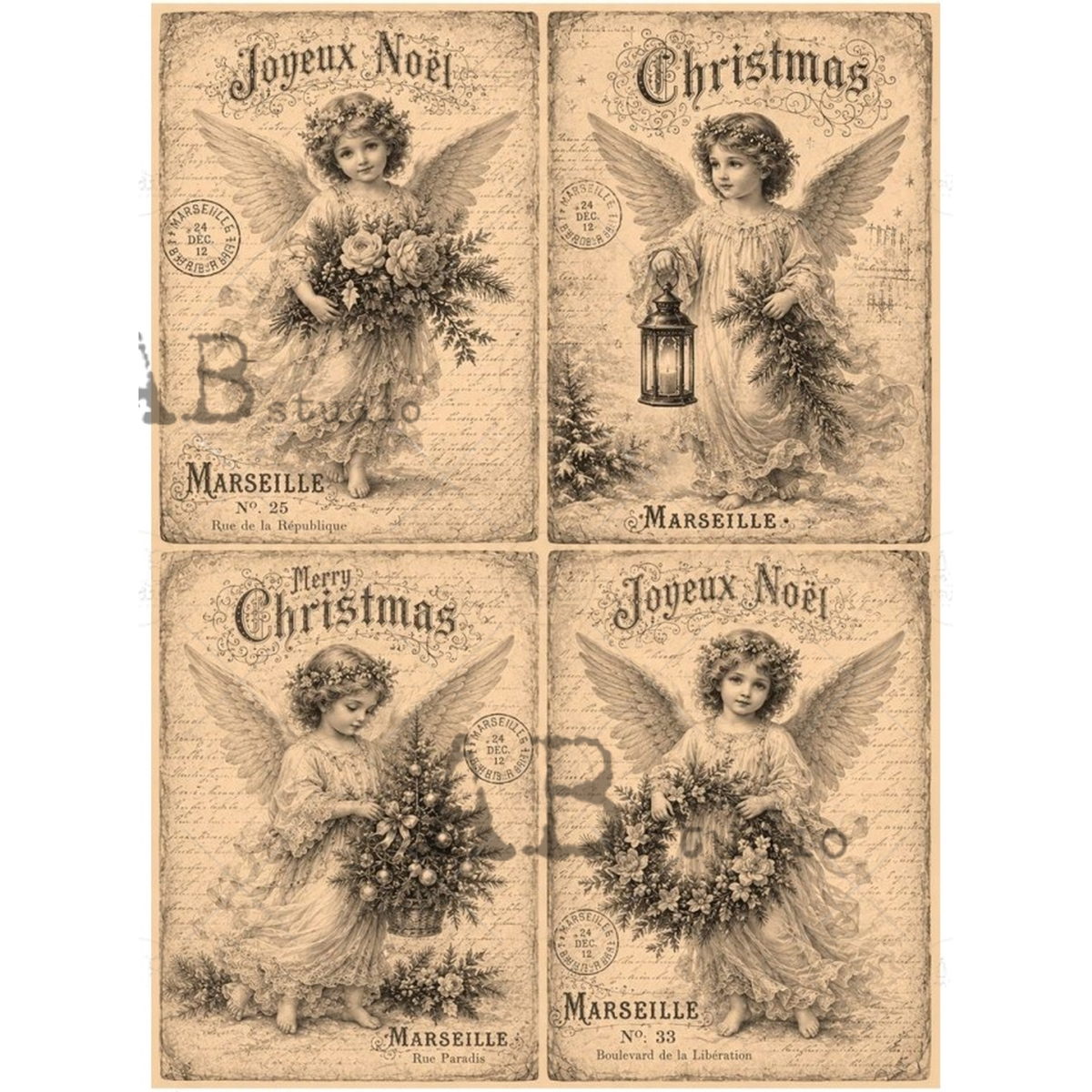 4 vintage postcard images of angels over cursive with a sepia toned background.