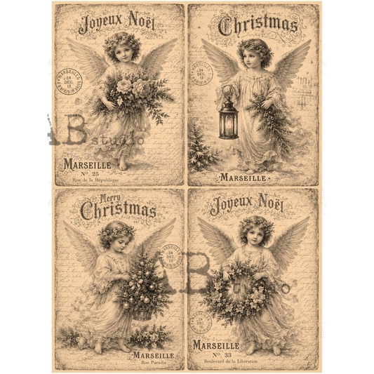 4 vintage postcard images of angels over cursive with a sepia toned background.