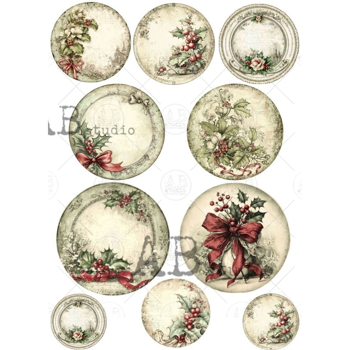 Ten ornament rounds in various sizes with holly, berries and bows over a distressed beige background.