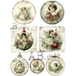 Seven ornament sized images featuring angels surounded by winter florals, wreaths and framed portraits, over cursive text.