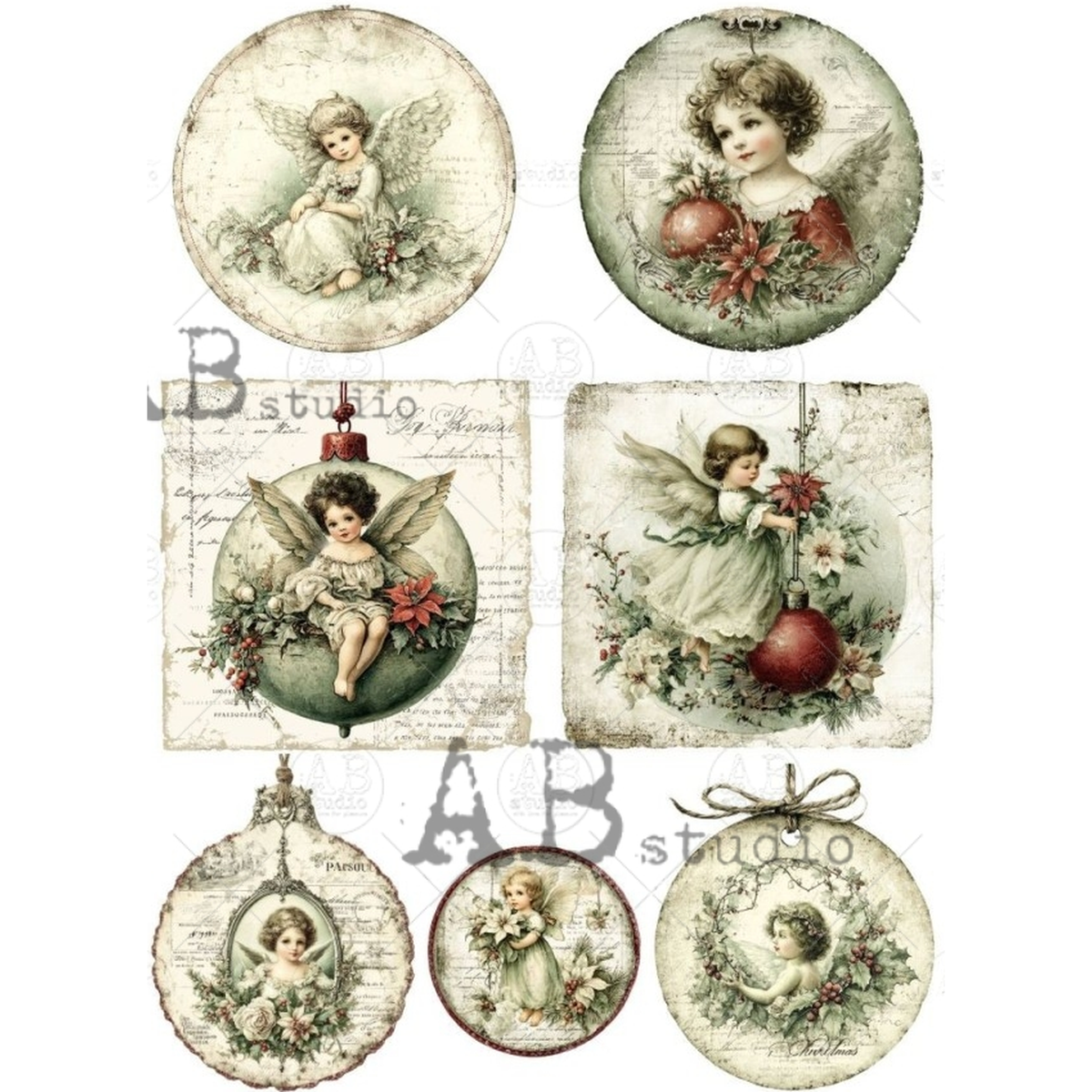 Seven ornament sized images featuring angels surounded by winter florals, wreaths and framed portraits, over cursive text.