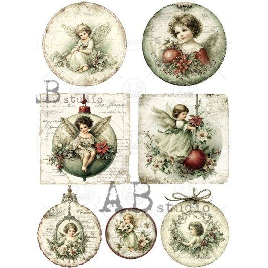 Seven ornament sized images featuring angels surounded by winter florals, wreaths and framed portraits, over cursive text.