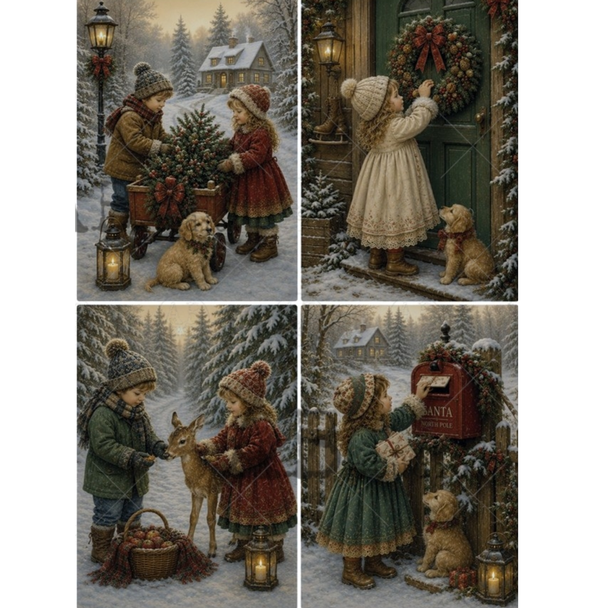 A four-panel holiday winter scene collage showing children in snowy landscapes with a dog, a Christmas tree, a green door wreath, and a mailbox decorated for Santa.