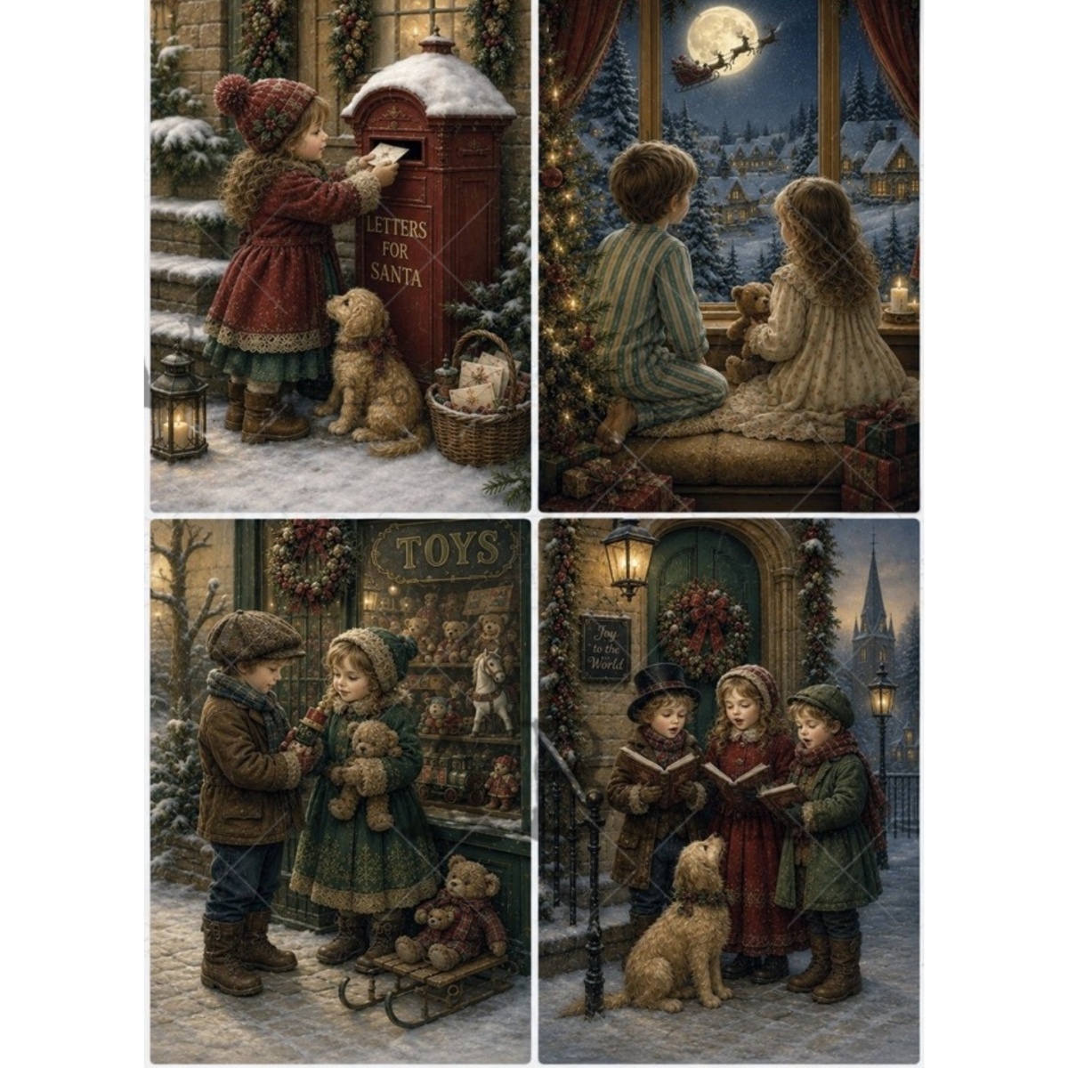 A four-panel Christmas collage showing children and a dog in festive holiday scenes: writing a letter in the snow, looking out a window at the moon, visiting a toy shop, and singing in a Christmas songbook. The artwork has a vintage, warm-toned illustration style.