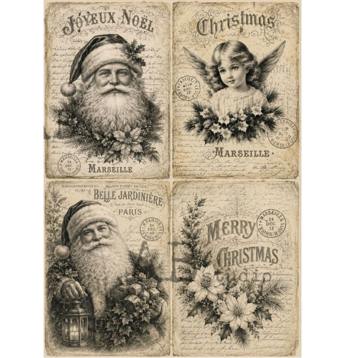 A set of four vintage Christmas card designs featuring sepia-toned backgrounds with antique typography and illustrations of Santa Claus, angels, flowers, and holiday greetings in French and English.