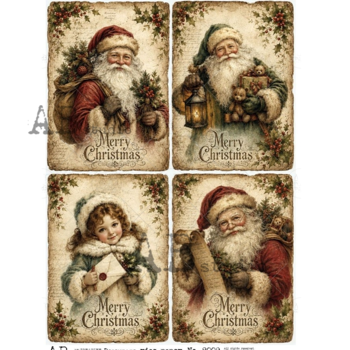 A set of four vintage Christmas art prints featuring Santa Claus and a young girl in holiday attire, with 'Merry Christmas' text and holly details.