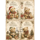 Four vintage Christmas designs, each featuring a teddy bear in winter clothing with holiday motifs such as snowflakes, flowers, lanterns, and a small tree.  Each image has an aged cream background with brown and muted red accents.